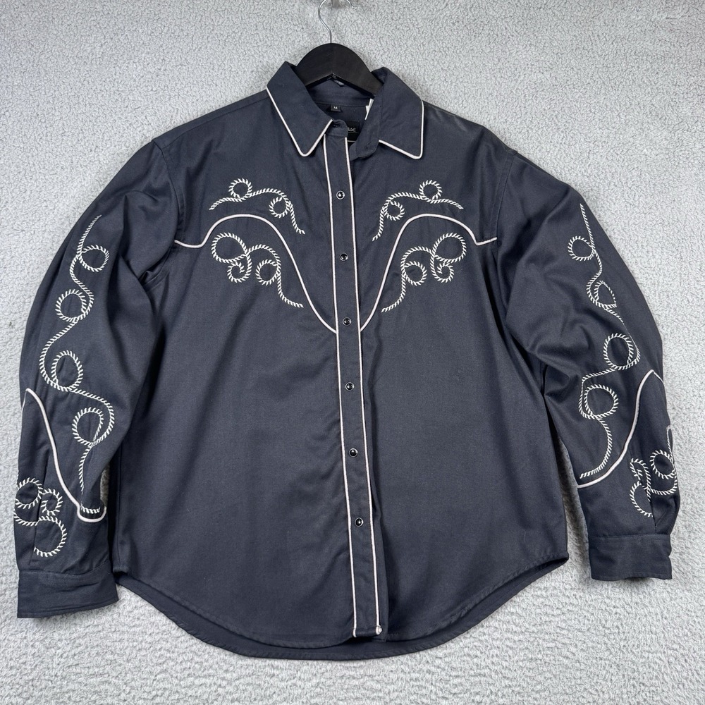 Vtg White Horse Shirt Mens Medium Black Western Pearl Snap Rope Embroidered